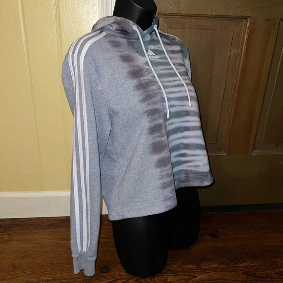 Adidas Gray Split Tie Dye Green Black Crop Long Sleeve Hooded Pullover Size S - Picture 6 of 14